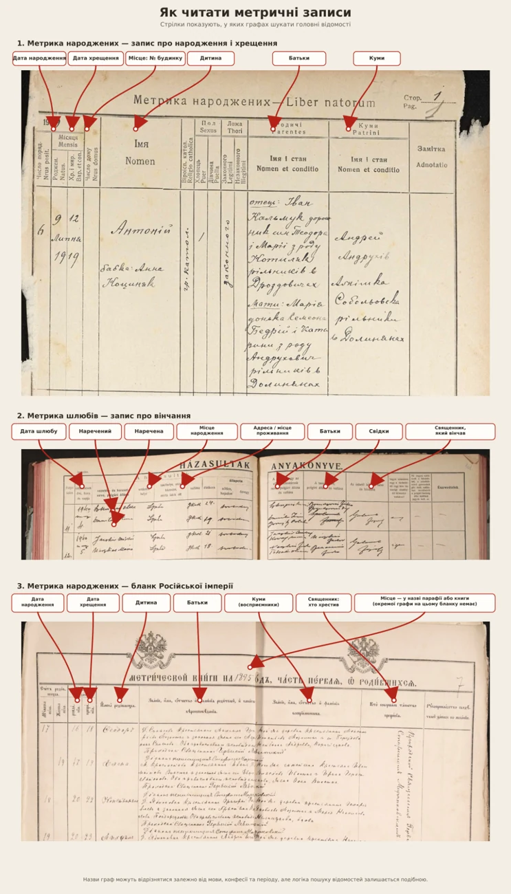 Parish record examples with labelled columns