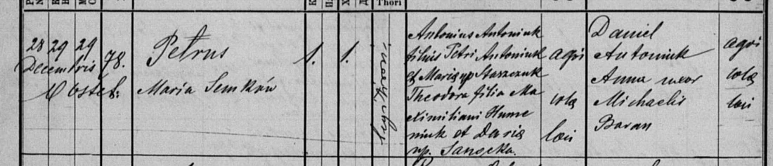 Petro Antoniuk’s birth entry in Tiahliv
